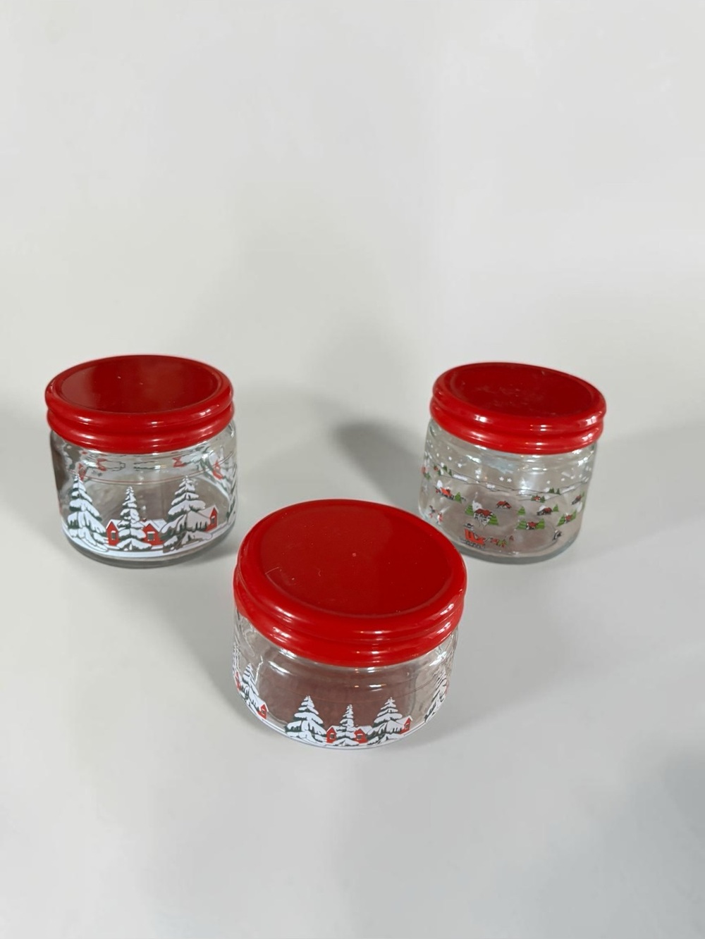 Vintage KIG Indonesia Christmas Glass Canisters Set of 3 Snow Village